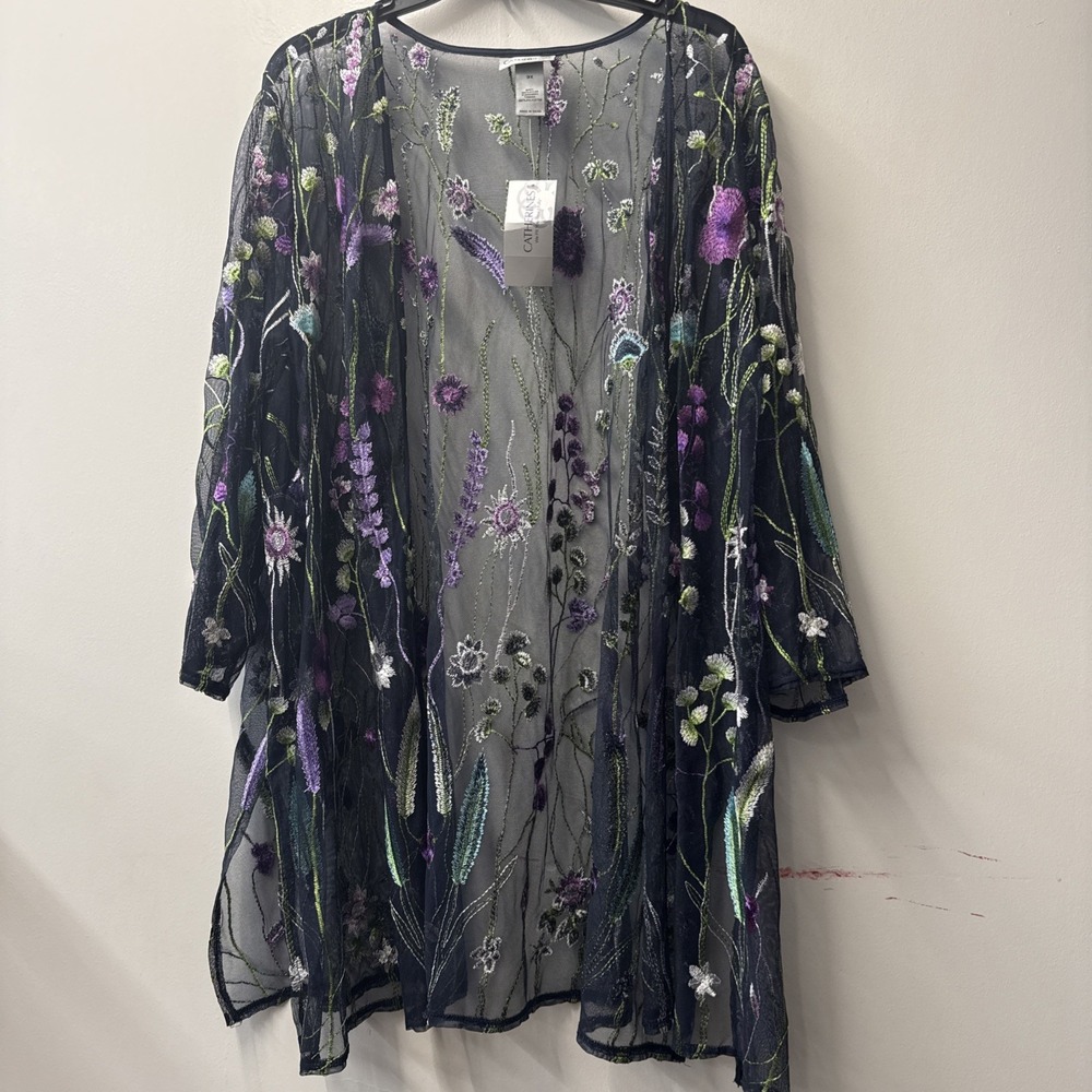 Catherines Floral Mesh Embroidered Kimono Women's Size 3X Sheer Boho Fairy New